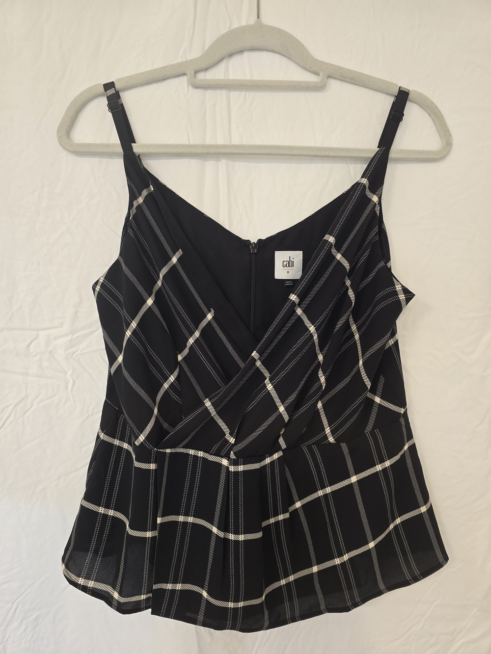 CAbi Black and Cream Plaid Surplice Cami